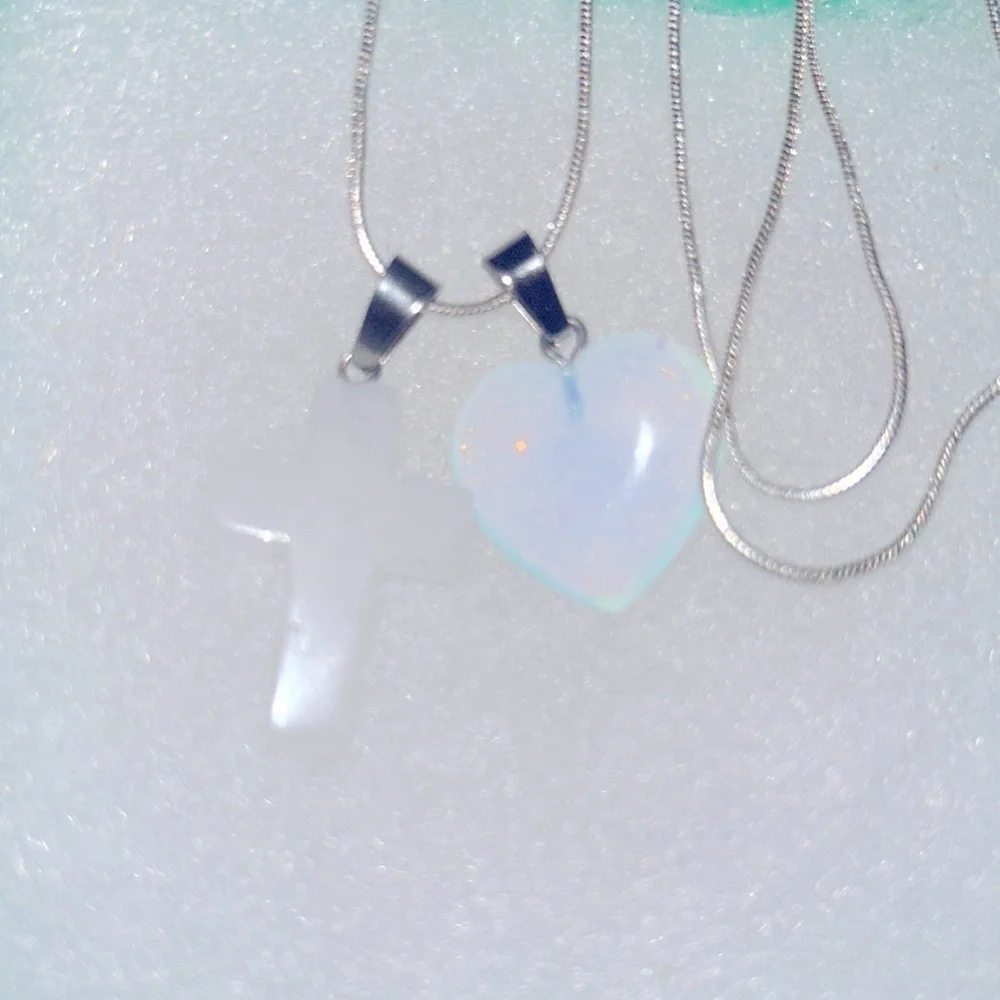 Boho hippie Quartz Crystal Cross and Opal heart Sterling Silver 16” Nec…